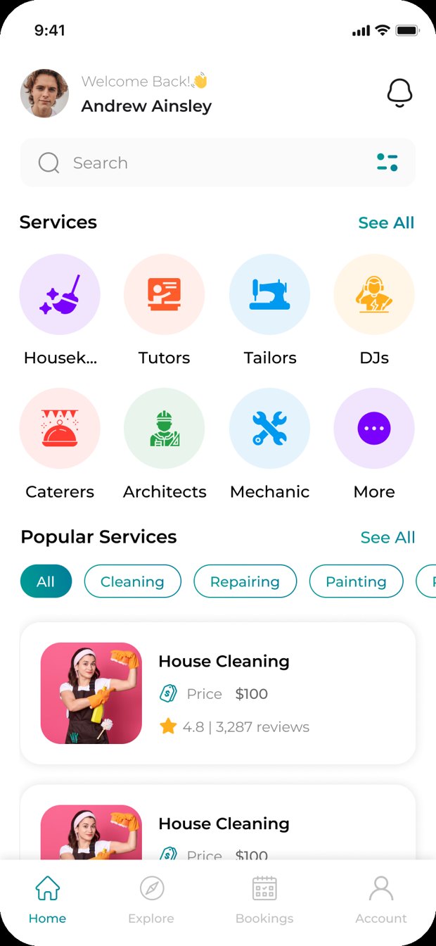 The ReStart app home screen with service categories and popular services